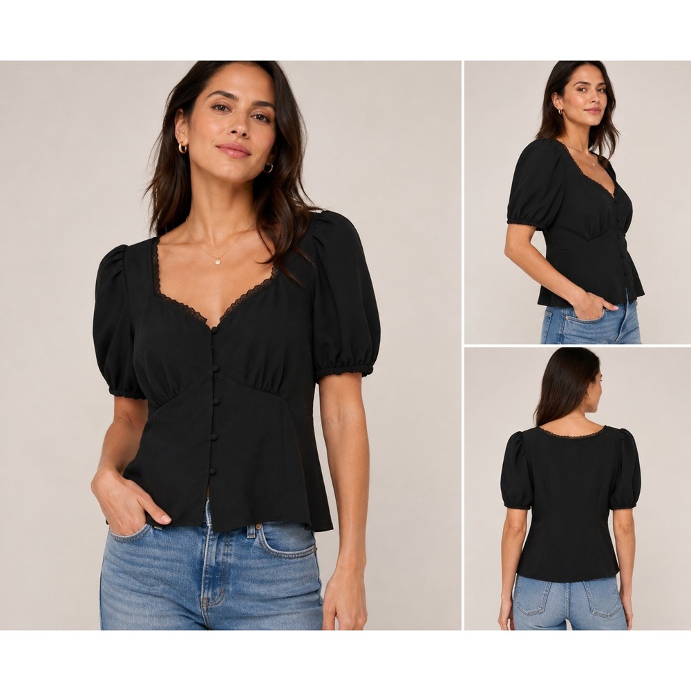 LOFT Black Lace-Trim Puff Sleeve Button Front Top